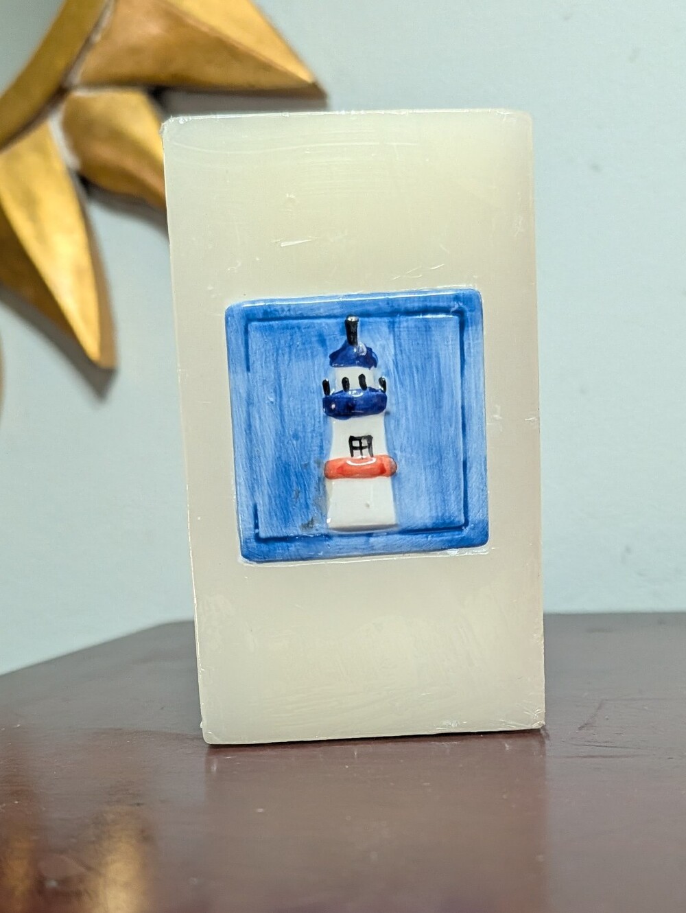 Lighthouse Candle Vintage Sealed Cubic Square Wax White & Blue Beach House